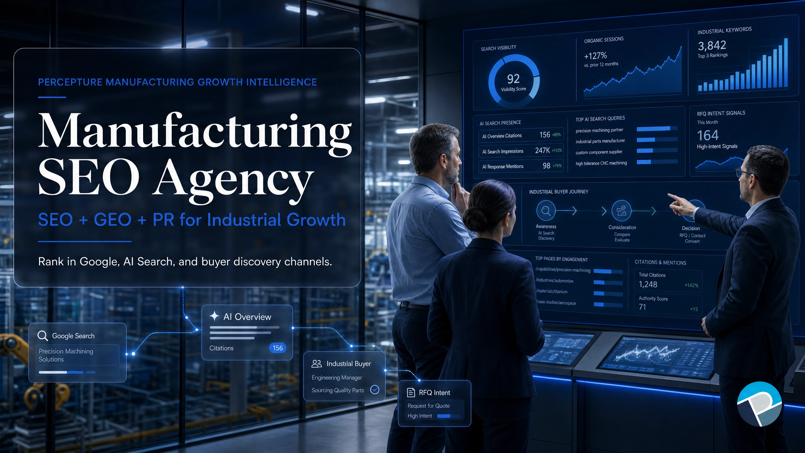Percepture manufacturing SEO agency hero graphic highlighting B2B industrial digital marketing solutions.