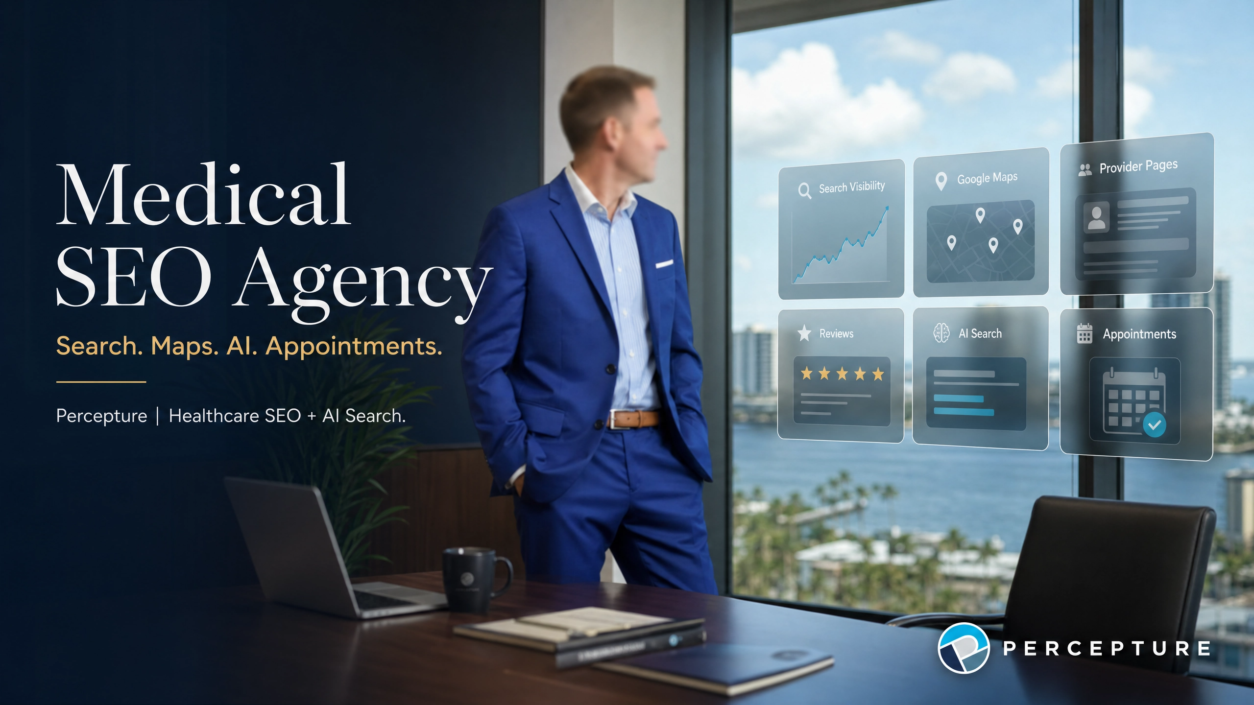Hero banner for Percepture Medical SEO Agency, illustrating how healthcare search marketing connects doctors with high-intent patients through Search, Maps, and AI integrations.