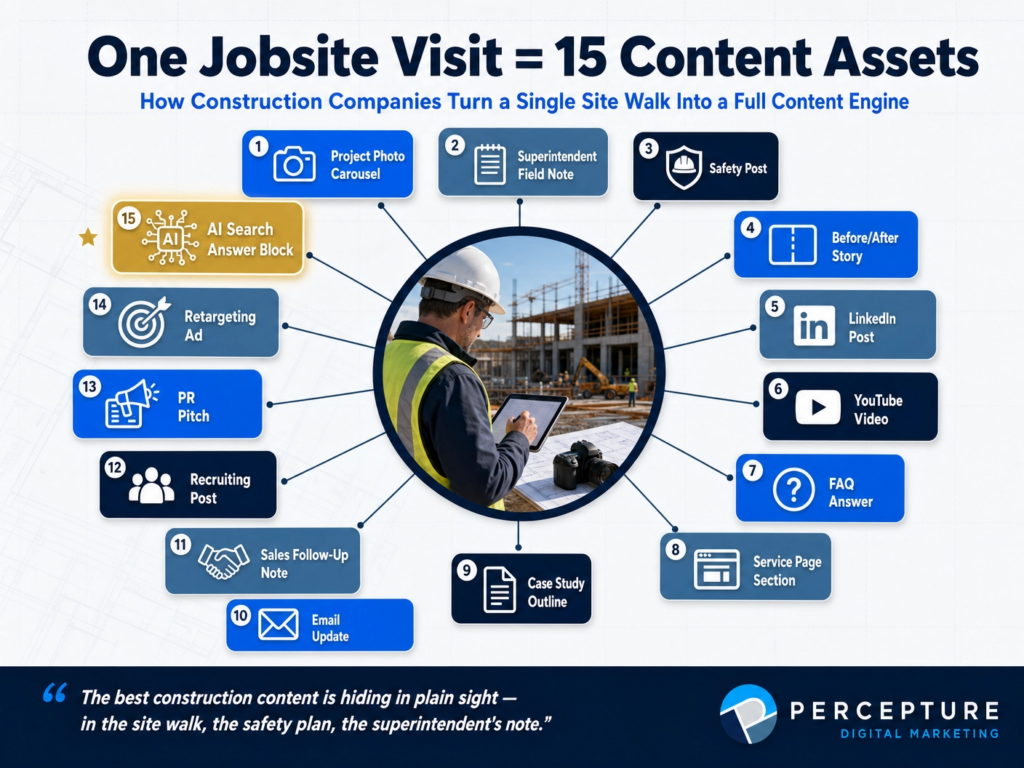 Infographic explaining how to create content for a construction company by turning one site walk into 15 different assets, including social posts, case studies, and sales emails.