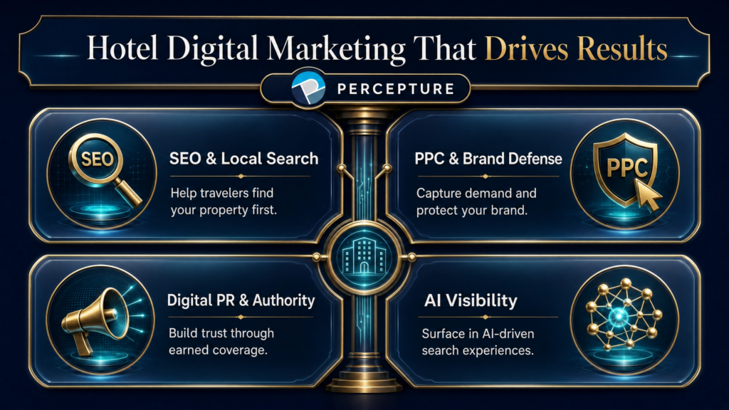 Percepture hotel digital marketing services framework detailing SEO, PPC, Digital PR, and AI visibility strategies.