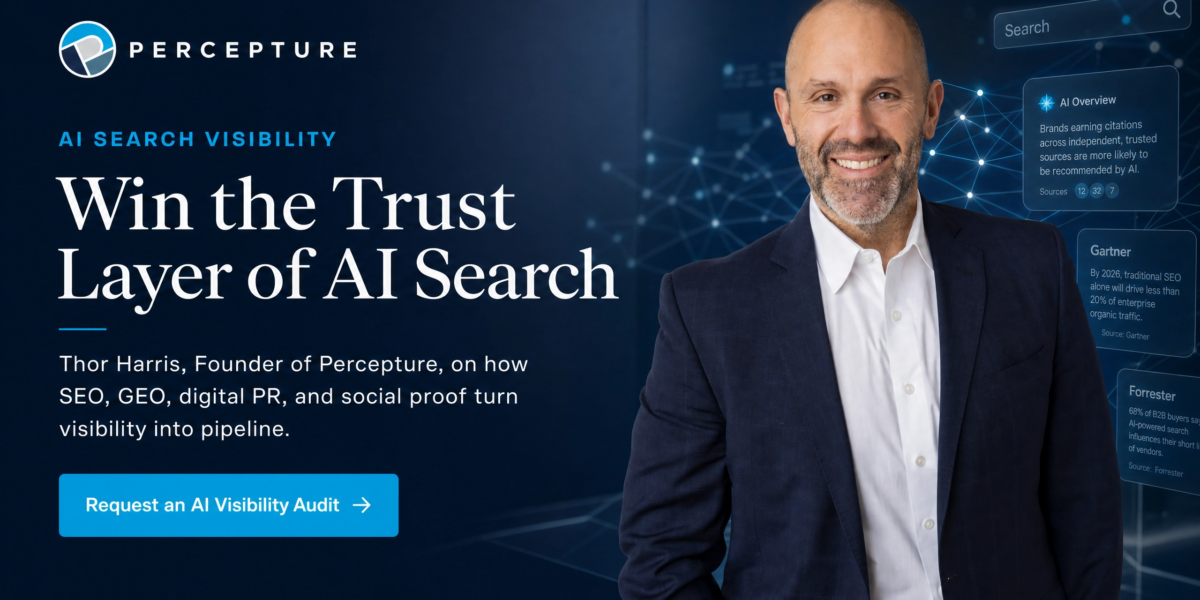 Thor Harris, Founder of Percepture, explaining how digital PR and social proof build trust for AI search visibility.