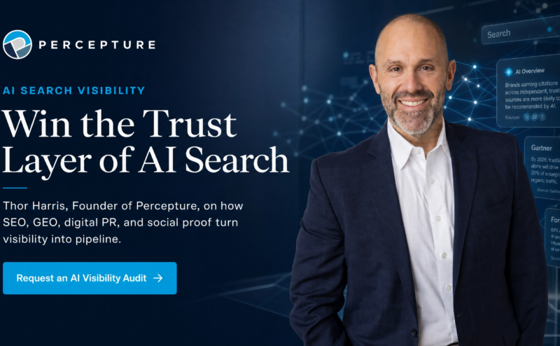 Thor Harris, Founder of Percepture, explaining how digital PR and social proof build trust for AI search visibility.