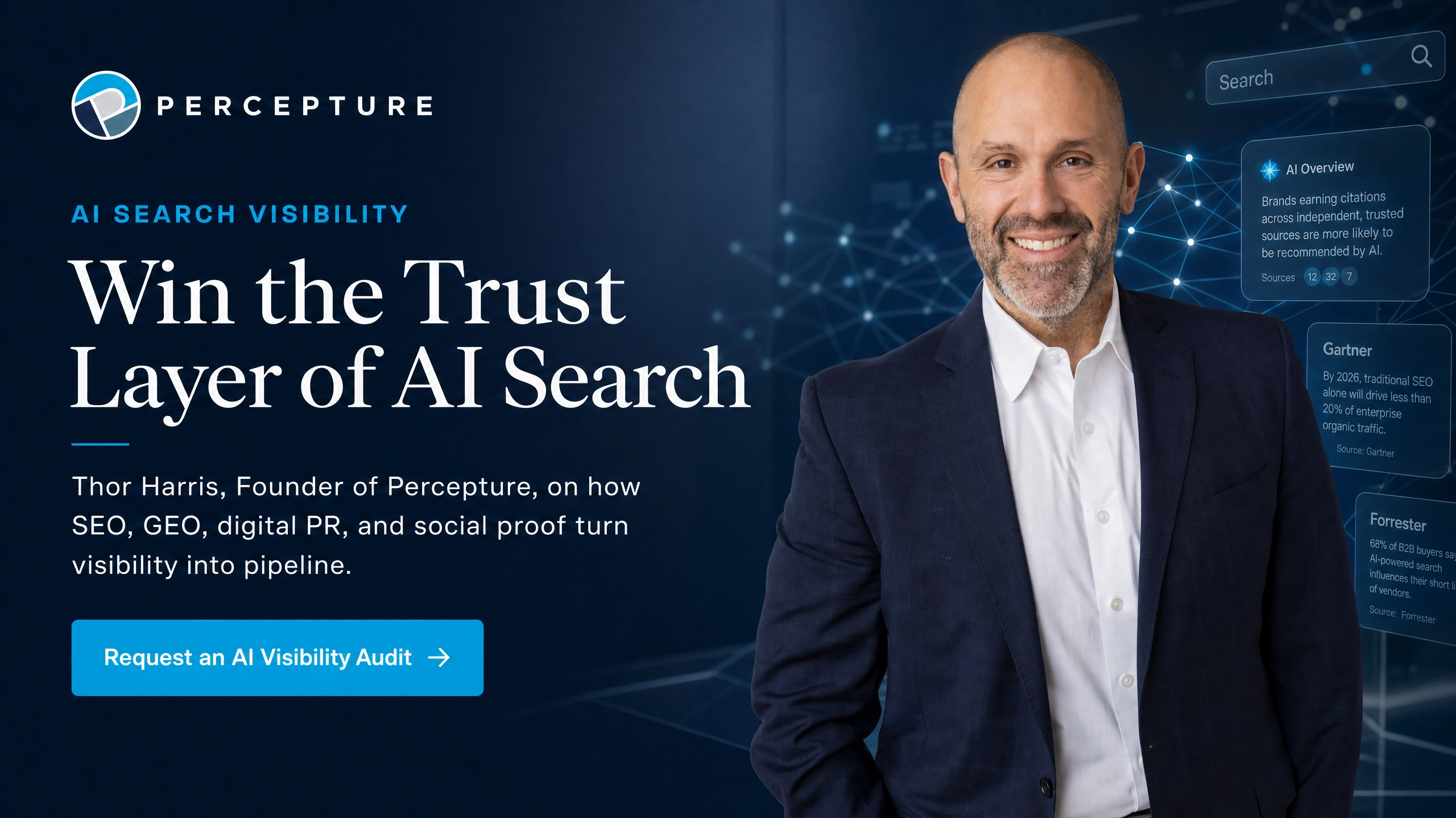 Thor Harris, Founder of Percepture, explaining how digital PR and social proof build trust for AI search visibility.