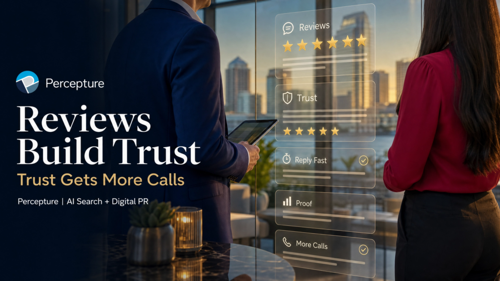 Graphic showing how 5-star reviews build trust and get more calls. Bob Generale and the Percepture team use this Local SEO Tampa strategy to help businesses grow their proof layer.