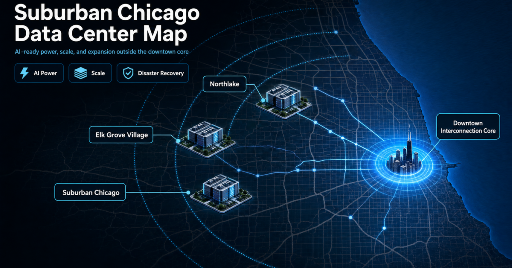 Map of suburban Chicago colocation data centers highlighting Northlake and Elk Grove Village