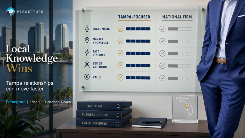Comparison chart detailing the agile advantages of a local Tampa PR agency versus the overhead of a national PR firm.