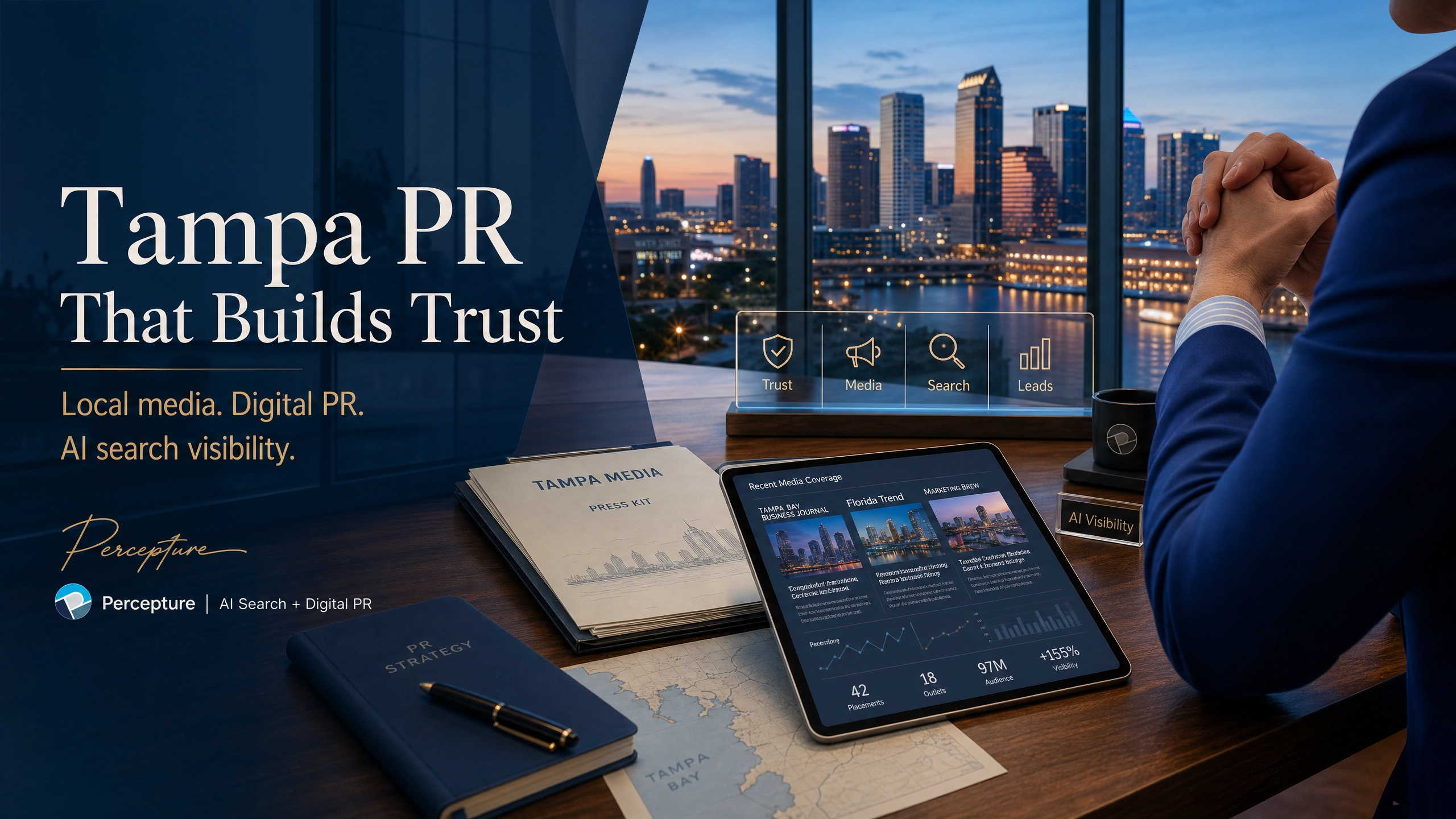 Percepture Tampa public relations agency hero graphic demonstrating corporate trust and executive media strategy.
