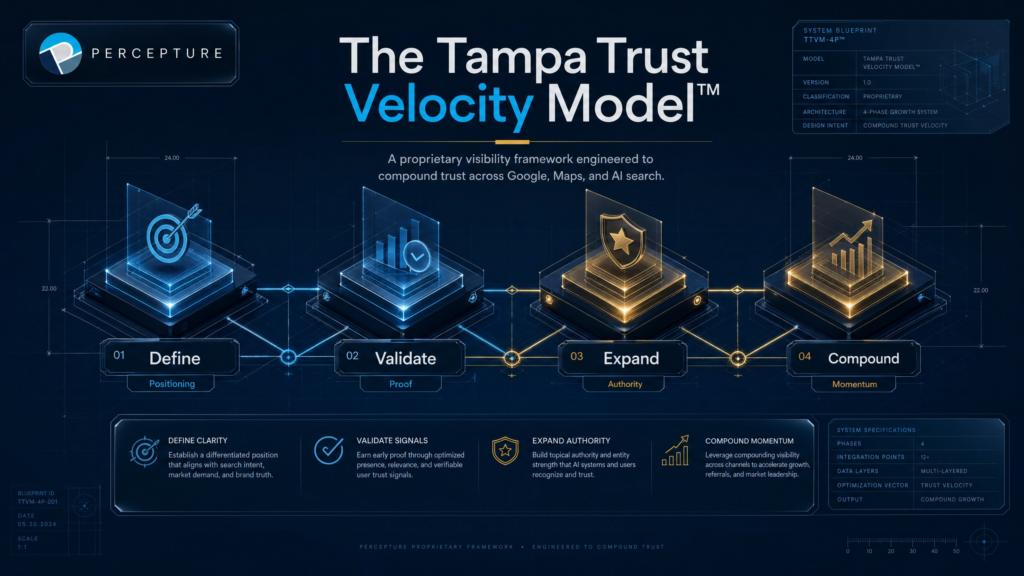 Tampa Trust Velocity Model showing four phases: Define, Validate, Expand, Compound for SEO success