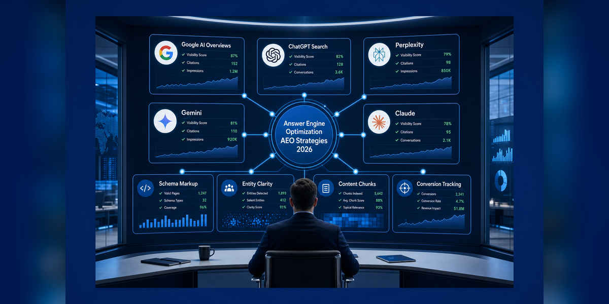 Answer Engine Optimization AEO Strategies 2026 for AI search visibility, schema, entity clarity, and answer engine citations