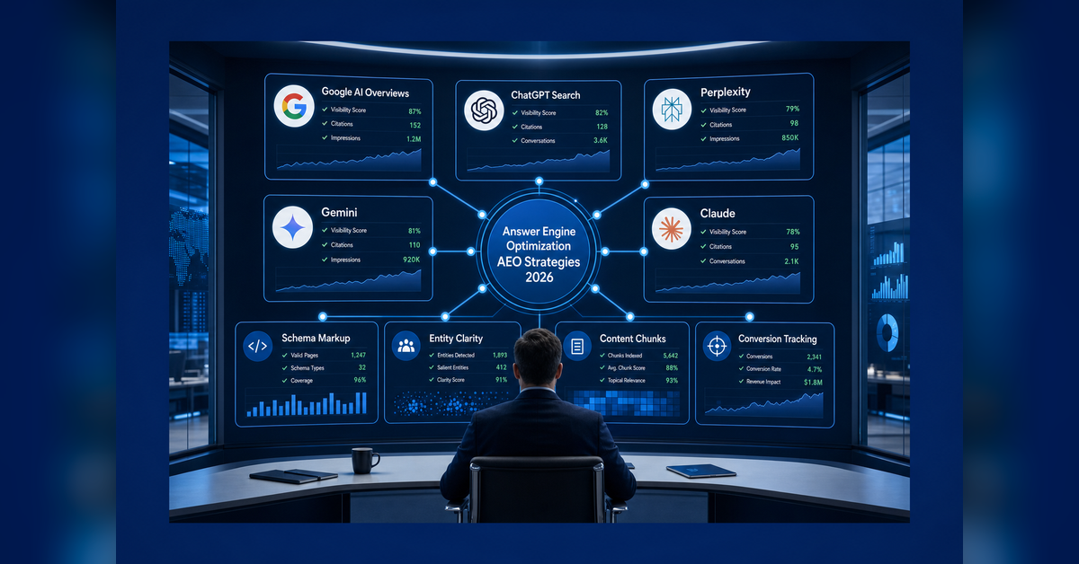 Answer Engine Optimization AEO Strategies 2026 for AI search visibility, schema, entity clarity, and answer engine citations