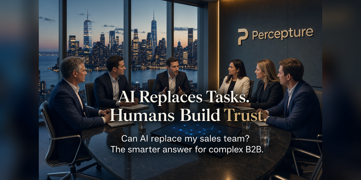 Bob Generale, Thor Harris, Alex Mannine, Amanda Pacheco, Christine Rodi, and Hunter Newby in a New York Financial District strategy room with AI sales intelligence visuals for the article can AI replace my sales team.