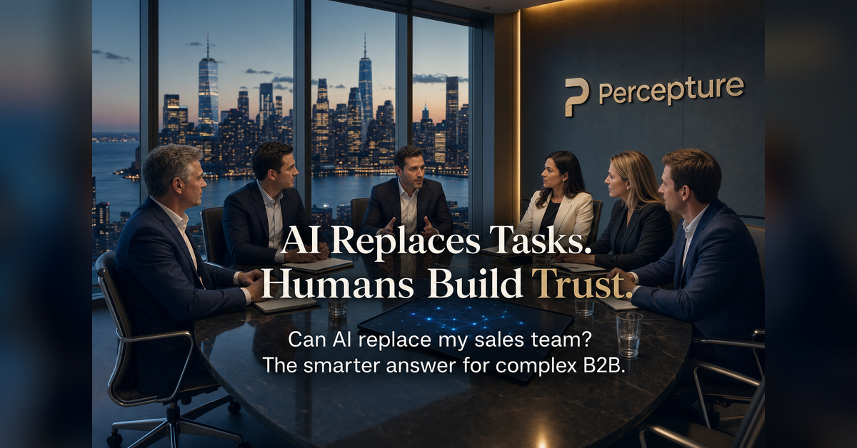 Bob Generale, Thor Harris, Alex Mannine, Amanda Pacheco, Christine Rodi, and Hunter Newby in a New York Financial District strategy room with AI sales intelligence visuals for the article can AI replace my sales team.
