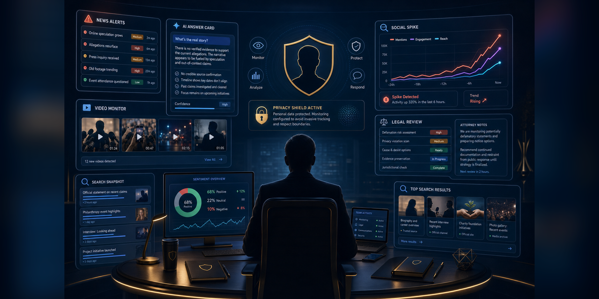 Celebrity crisis management command center for the first 72 hours across media, AI search, social, and reputation response.