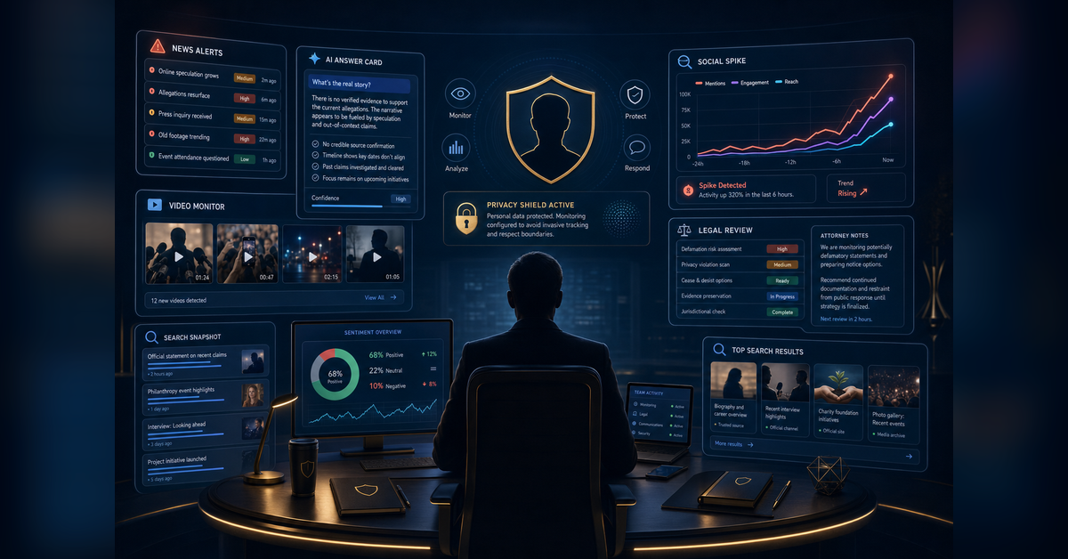 Celebrity crisis management command center for the first 72 hours across media, AI search, social, and reputation response.