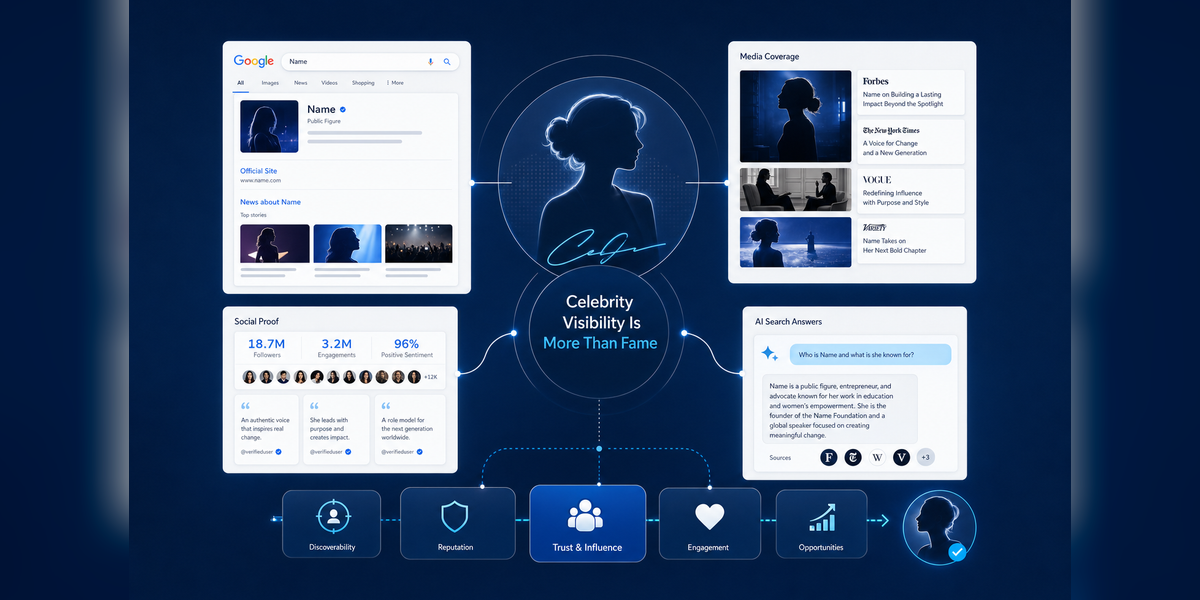 Celebrity marketing agency strategy showing PR, SEO, social proof, AI search visibility, and conversion pathways.