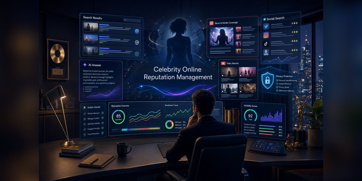 Celebrity online reputation management dashboard for Google, AI search, media, social, video, and public figure reputation protection.
