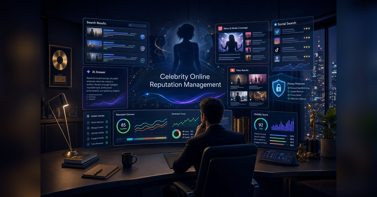 Celebrity online reputation management dashboard for Google, AI search, media, social, video, and public figure reputation protection.