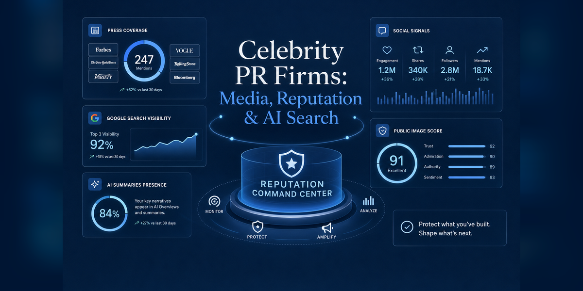 Celebrity PR firms dashboard showing media coverage, public image, Google search visibility, and AI search reputation signals.