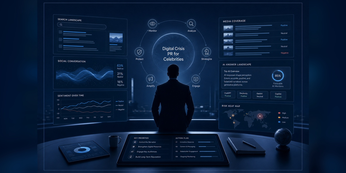 Digital crisis PR for celebrities showing media, search, social, and AI reputation monitoring.