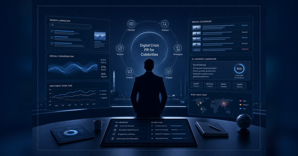 Digital crisis PR for celebrities showing media, search, social, and AI reputation monitoring.