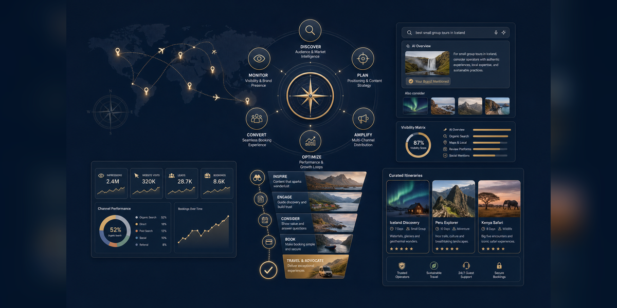 Digital marketing for tour operators visibility system with SEO, PR, ads, CRO, tracking, and AI search