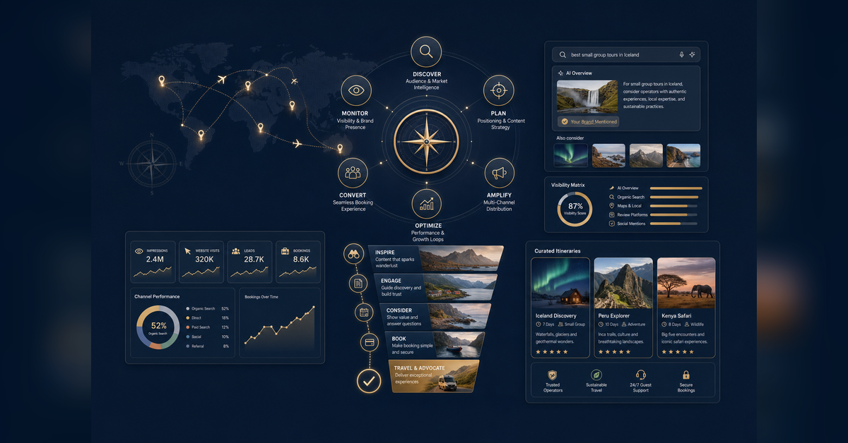 Digital marketing for tour operators visibility system with SEO, PR, ads, CRO, tracking, and AI search