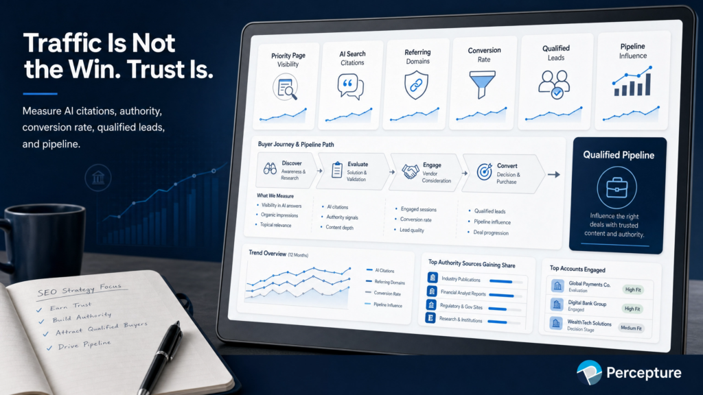Fintech SEO Metrics on analytic platform to measure search conversions, traffic and opportunites.