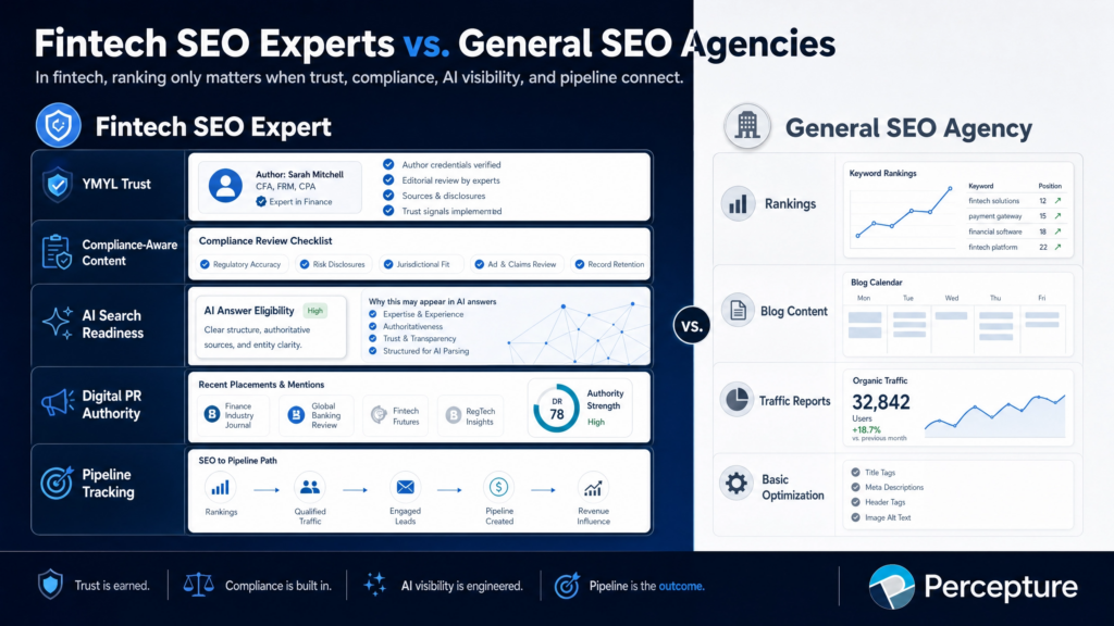 Fintech SEO Experts vs General SEO Agencies comparison chart