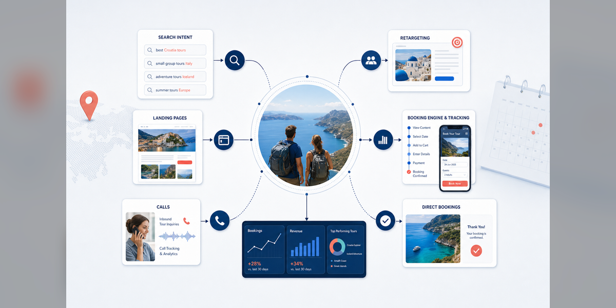 Diagram showing how Google Ads for tour operators connects search intent, retargeting, landing pages, booking engine tracking, calls, and direct bookings.
