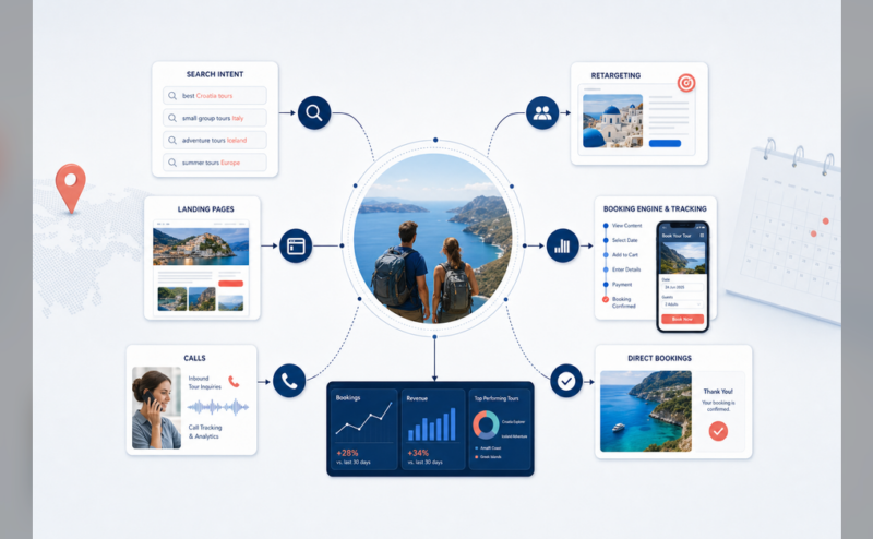 Diagram showing how Google Ads for tour operators connects search intent, retargeting, landing pages, booking engine tracking, calls, and direct bookings.