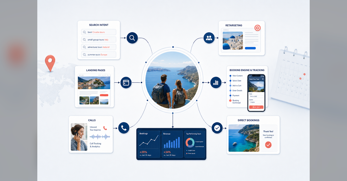 Diagram showing how Google Ads for tour operators connects search intent, retargeting, landing pages, booking engine tracking, calls, and direct bookings.