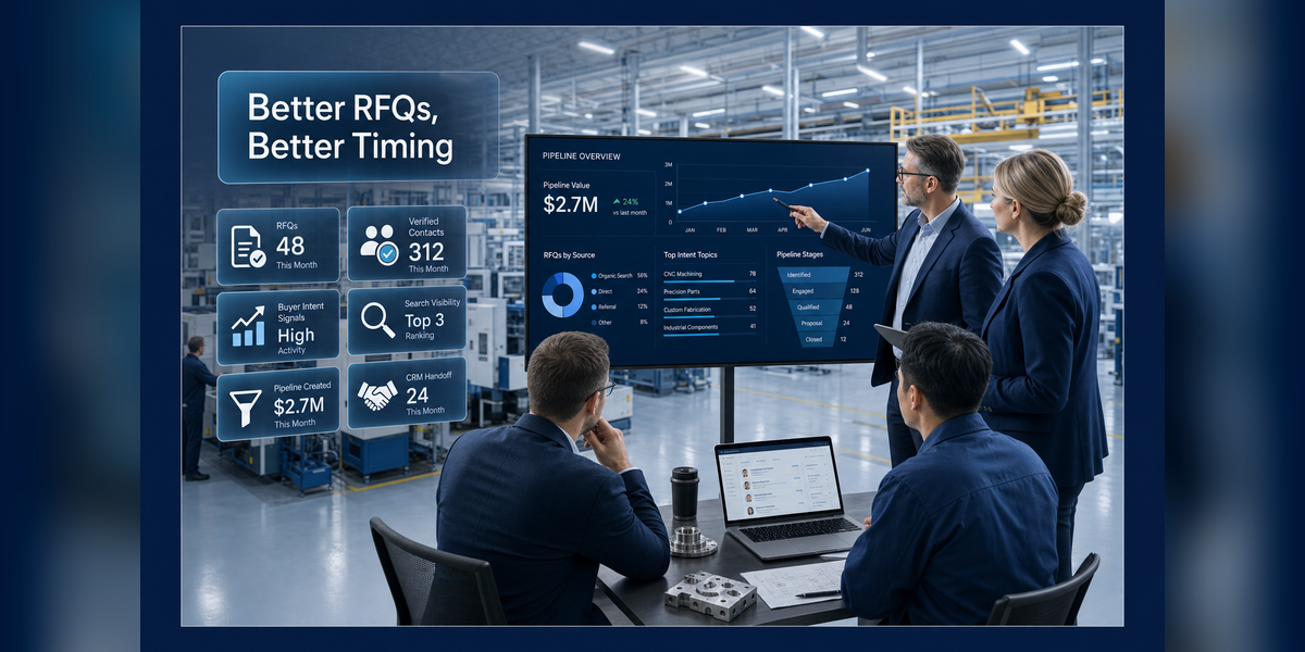 Industrial Lead Generation for Manufacturers dashboard showing buyer intent, verified contacts, and RFQ pipeline handoff