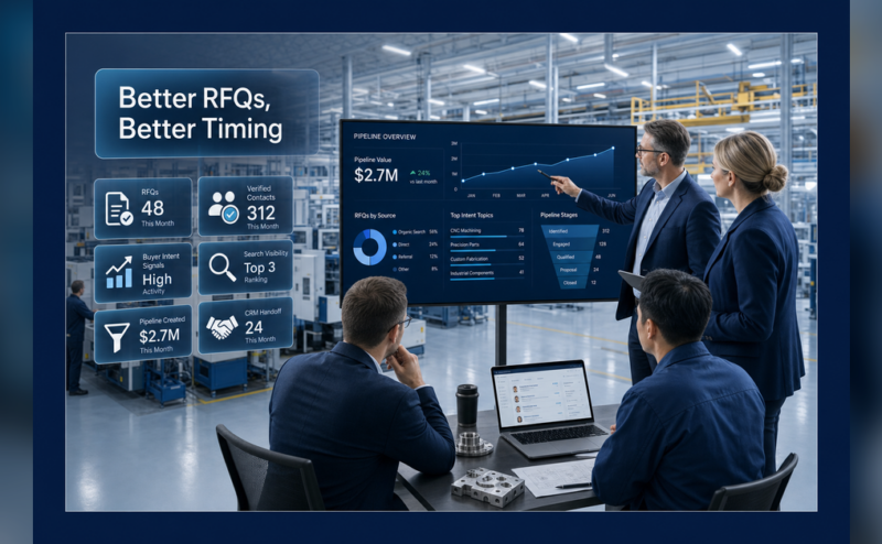 Industrial Lead Generation for Manufacturers dashboard showing buyer intent, verified contacts, and RFQ pipeline handoff