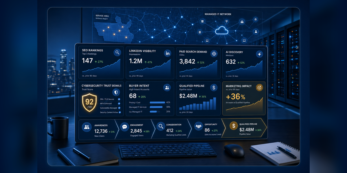 MSP digital marketing pipeline showing SEO, LinkedIn, paid search, AI discovery, cybersecurity trust signals, and qualified leads