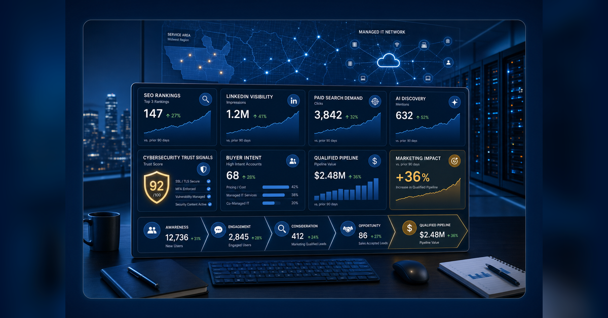 MSP digital marketing pipeline showing SEO, LinkedIn, paid search, AI discovery, cybersecurity trust signals, and qualified leads