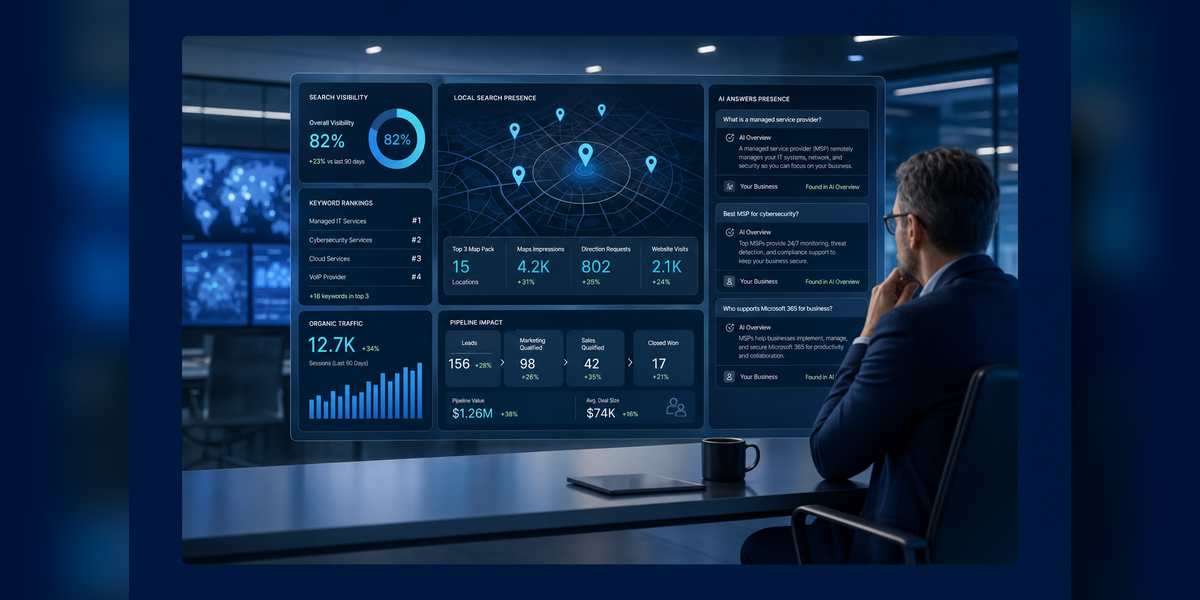 SEO for Managed Service Providers strategy dashboard showing local search, B2B pipeline, and AI visibility