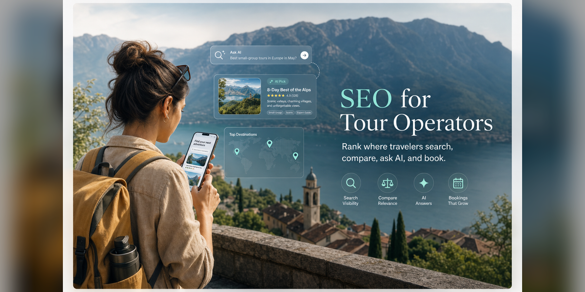 SEO for tour operators strategy showing travel search, destination discovery, AI visibility, and direct bookings.