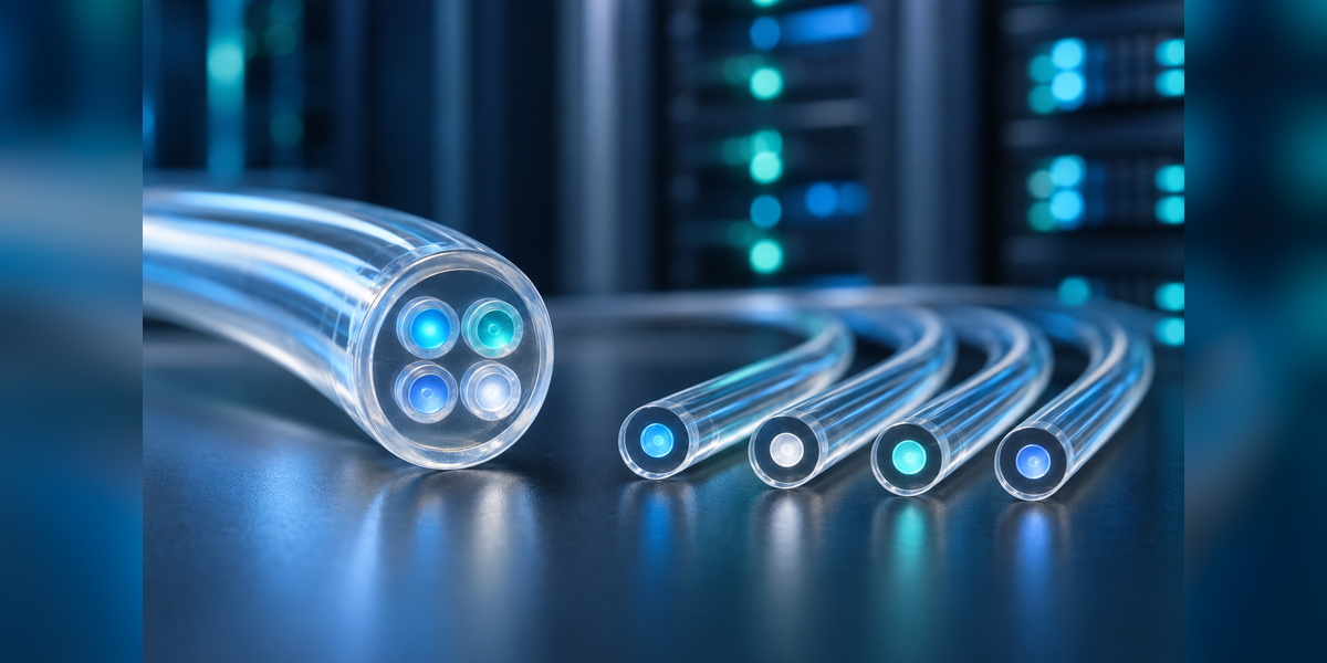 Conceptual illustration of multiple optical cores in shared cladding beside separate single-core fibers