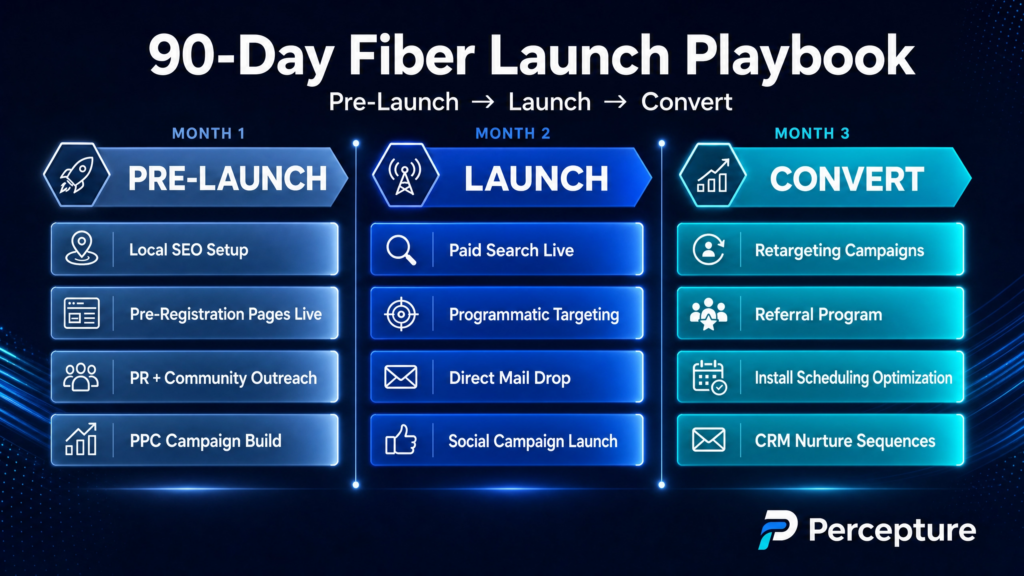 90-day fiber internet launch plan for ISP marketing, service-area pages, paid search, retargeting, direct mail, referrals, and CRM follow-up