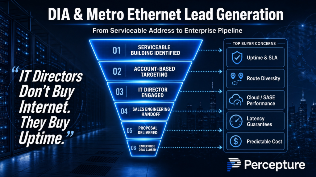 DIA and metro Ethernet lead funnel for business fiber, serviceable buildings, IT directors, route diversity, SLAs, and ISP sales handoff