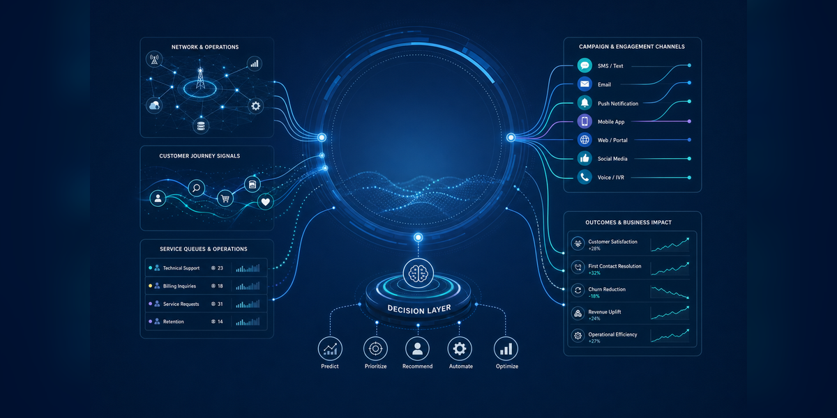 Agentic AI in telecom workflow connecting marketing, sales, service, and operations