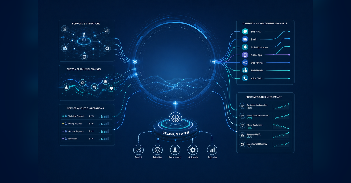 Agentic AI in telecom workflow connecting marketing, sales, service, and operations