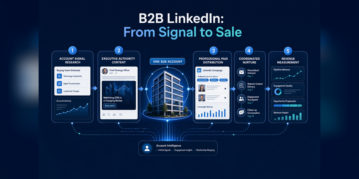 b2b linkedin marketing agency​ system connecting account signals, authority, paid distribution, nurture, and revenue