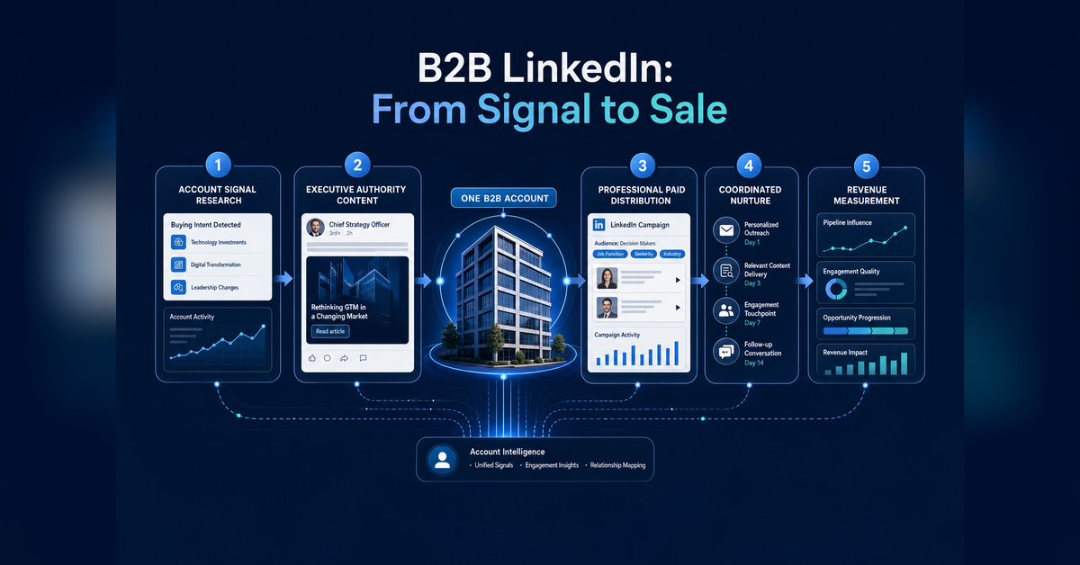 b2b linkedin marketing agency​ system connecting account signals, authority, paid distribution, nurture, and revenue