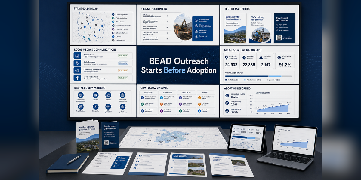 BEAD Outreach Campaign Checklist showing stakeholder mapping, construction messaging, address checks, digital equity support, and subscriber adoption