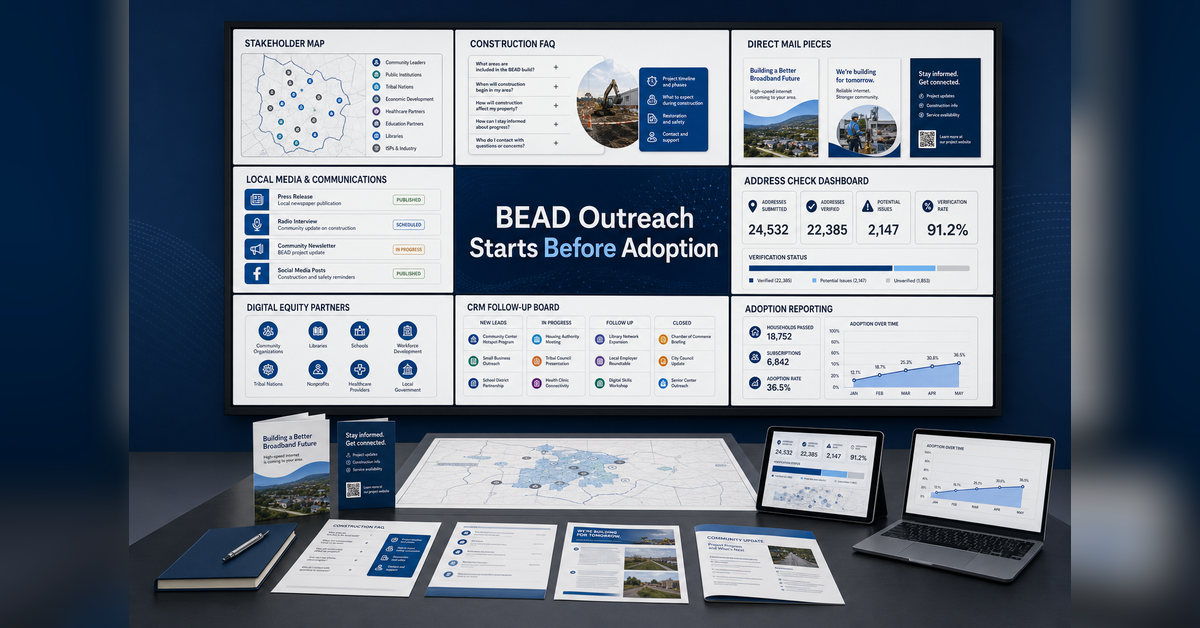 BEAD Outreach Campaign Checklist showing stakeholder mapping, construction messaging, address checks, digital equity support, and subscriber adoption
