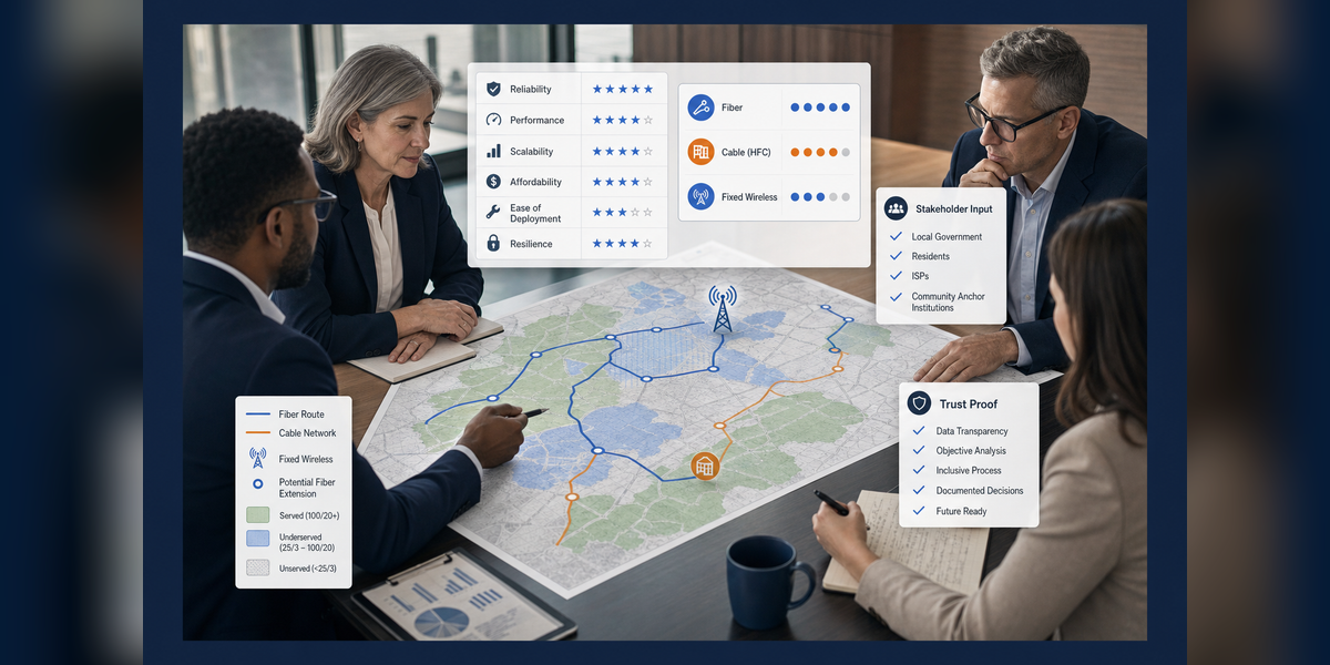 BEAD Technology Neutrality Explained hero image showing serviceability, broadband technology options, and community trust planning