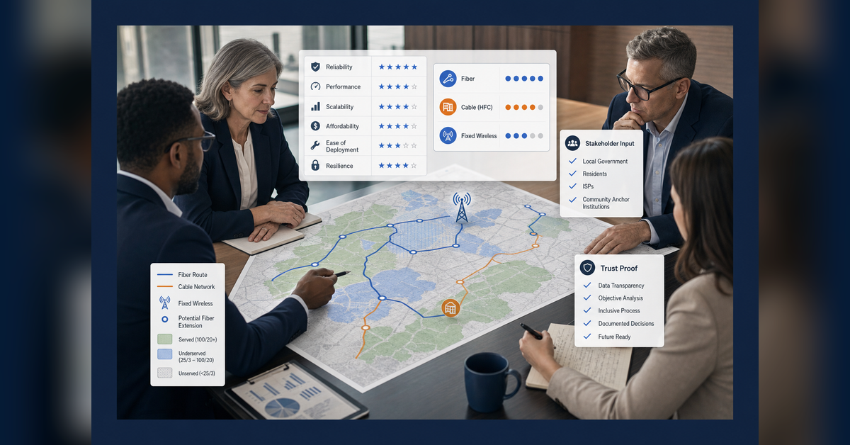 BEAD Technology Neutrality Explained hero image showing serviceability, broadband technology options, and community trust planning