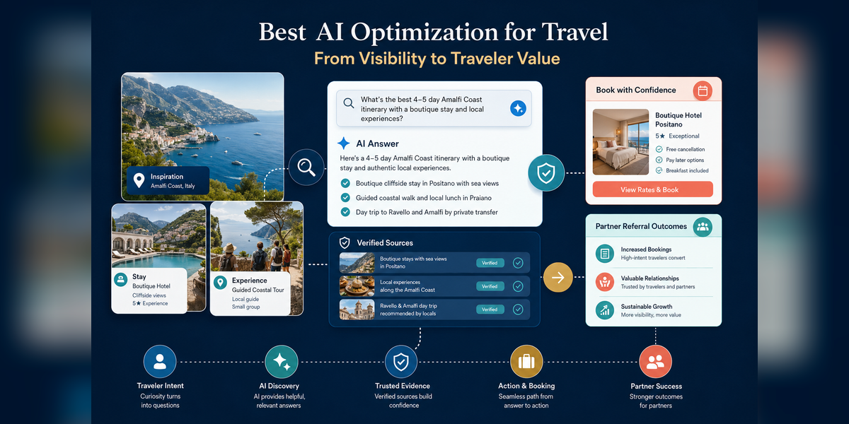 Best AI optimization for travel industry connecting trusted sources, AI visibility and traveler booking value