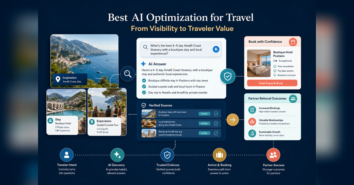 Best AI optimization for travel industry connecting trusted sources, AI visibility and traveler booking value